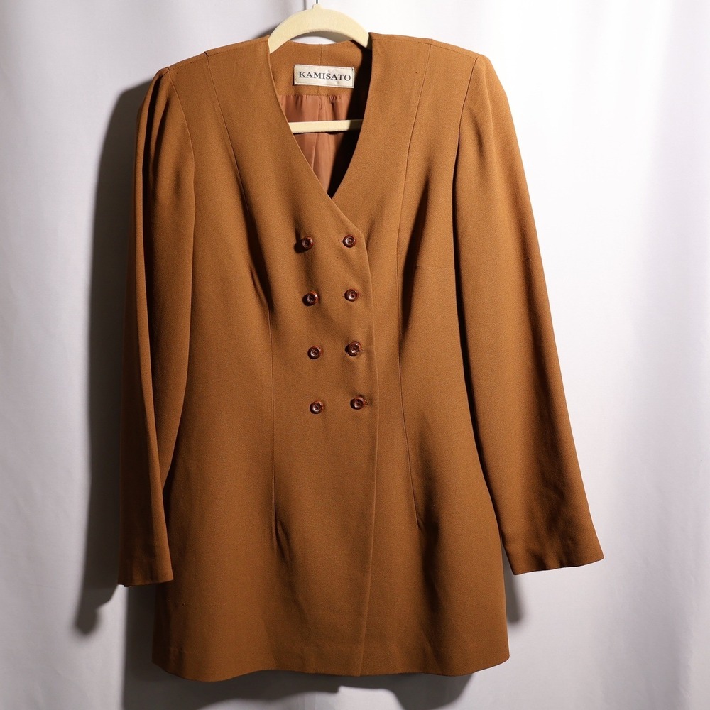 VTG Kamisato Brown Double Breasted Blazer Jacket Rayon Blend 12‎ USA Glamoratti